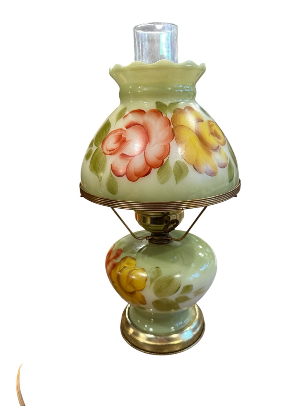 Vintage Hand-Painted Floral Glass Table Lamp in Green with Pink & Yellow Blooms